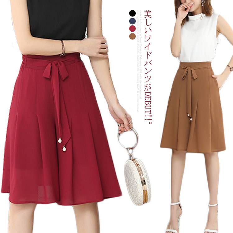 Rakuten - スカーチョ シフォン ワイドパンツ ガウチョパンツ レディース フレアパンツ 5分丈 パンツ ハーフパンツ スカーチョ パンツ 春夏 ゆったり送料無料