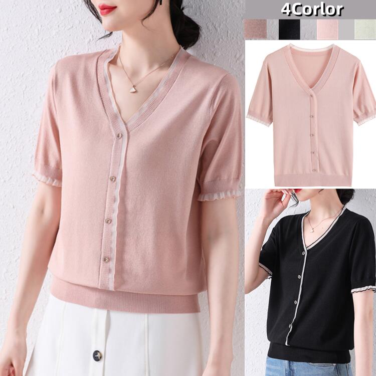 レディース 半袖無地春ニット トップス セーター 夏 夏ニット