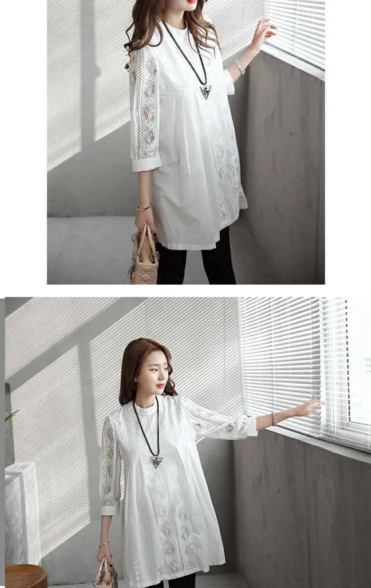 YHBOX楽天市場店のロング tシャツ 春夏 シャツワンピース 白シャツ ロングシャツ レディース ワンピース チュニック ゆったり 透かし編み 白 バン｜アングル2