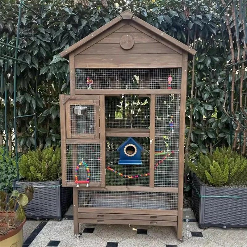 インコ 屋外 木製 鳥かご トリカゴ セキセイインコ 鳥籠 大型 防風カバー 取り外し可能な底トレイ サイレントユニバーサルキャス