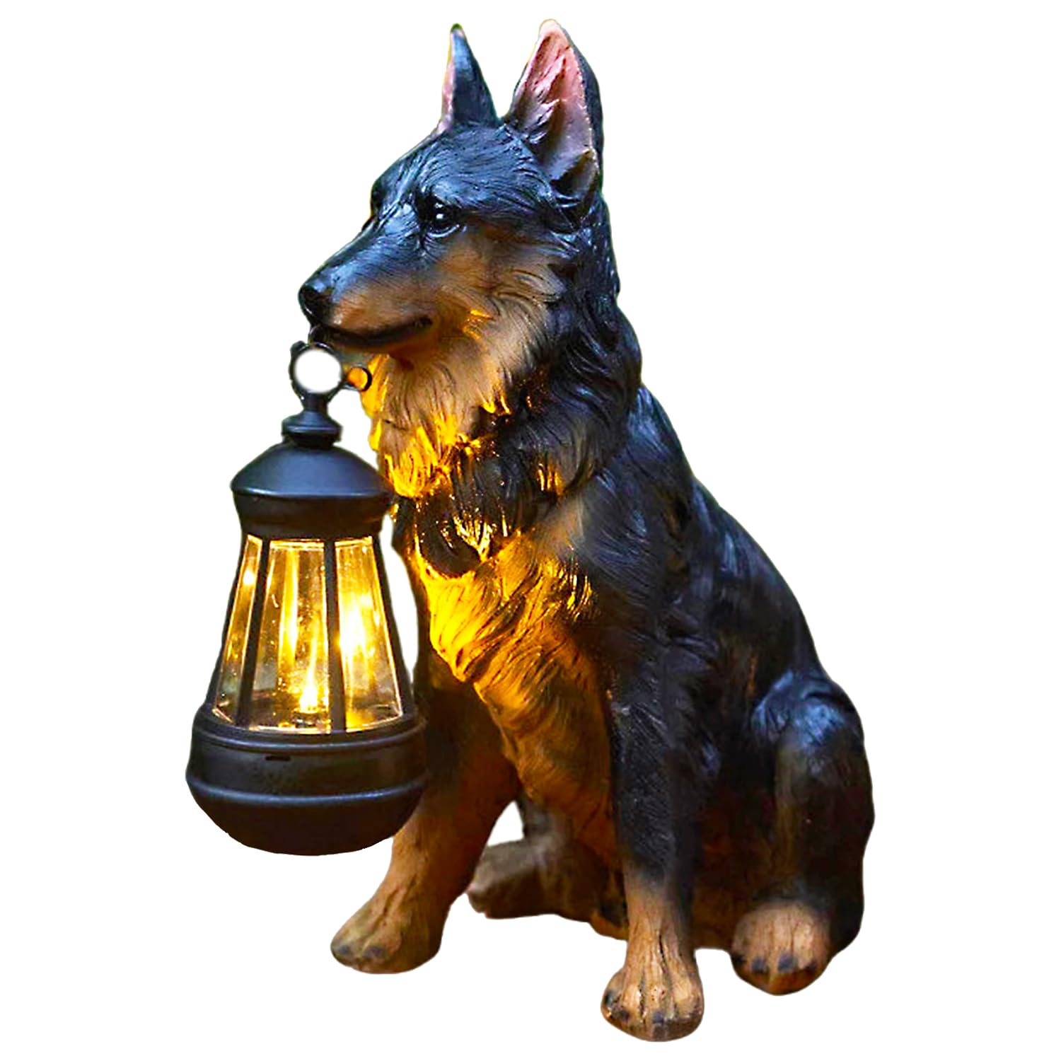 Fixtures, Garden, Lantern - ソーラーライト付き屋外像、取り外し可能なランタン付き犬ガーデン彫刻、リアルなジャーマンシェパード犬樹脂像、フック付き、パ