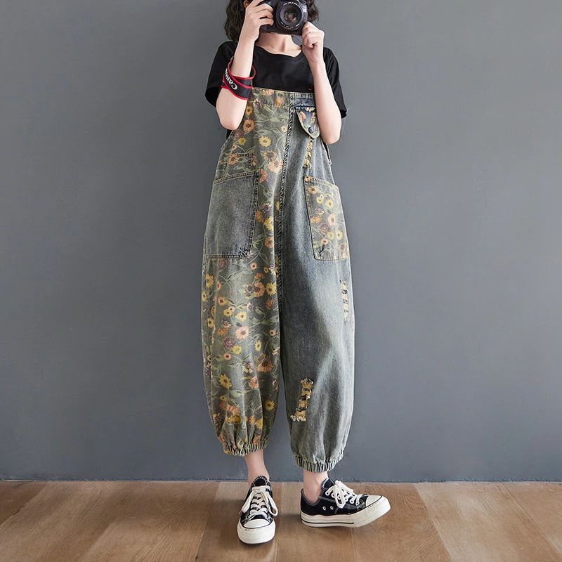 カ ゆったり ロング ワイド オーバーオール レディース デニム 秋 夏 春 サロペット オールインワン サロペット 体型カバー 花柄