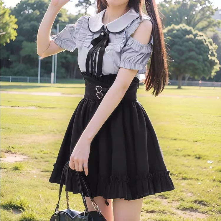 可愛い レディース 病みかわいい セットアップ スカート Aライン 量産型 シャツ 地雷系 ブラウス トップス 長袖 夏 薄手 肩出し 2