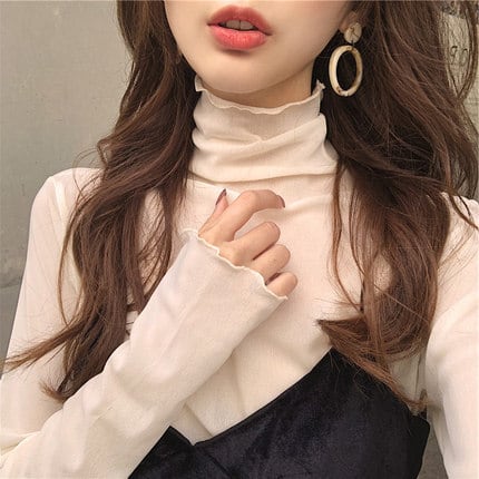 Rakuten - トップス シャツ カットソー 白シャツ 白トップス 袖あり 長袖 ハイネック フリル かわいい 大人可愛い シンプル 上品 おしゃれ