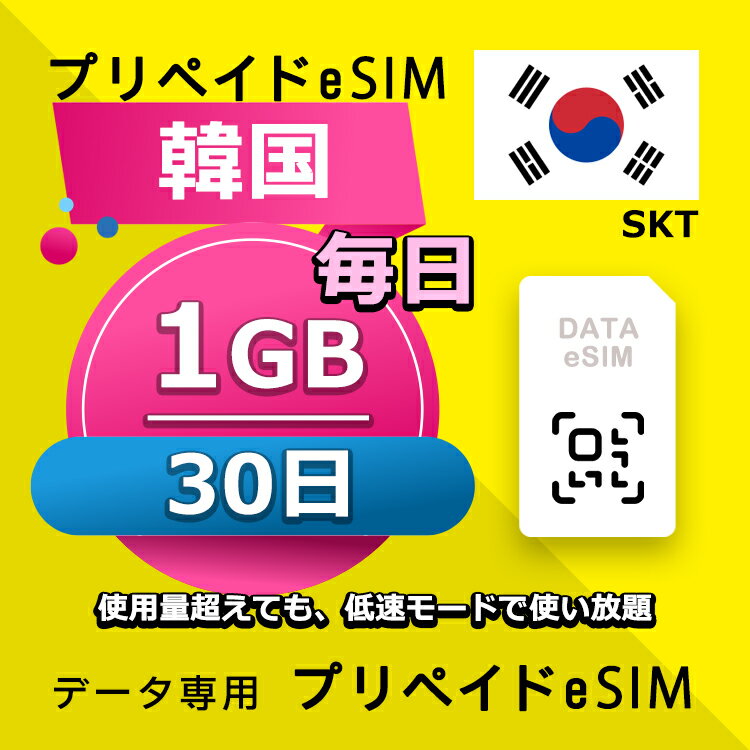 データ通信 eSIM 韓国 30日間 毎日 1GB esim 格安eSIM SIMプリー 韓国 プリペイド esim データ専用 SKT