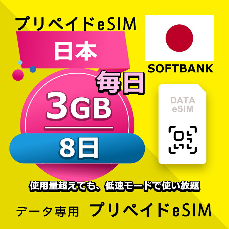 ■データ通信専用eSIM ■初期費用/事務手数料：0円 ■契約なし ■解約不要 ■返却不要 ■クレジットカード登録・銀行口座登録等不要 ■QR設定後すぐに使える（約5分だけ！） ■配送方法について 　・電子メールで送信する。 ■ご利用までの流れ 　 Step 1 eSIMカード開通申請 　 Step 2 eSIM設定→利用可能 　 ※ 設定はインターネットに接続必要です。 ■1日使用量超えても、低速モードで使い放題 ■様々な端末対応可能： ※ eSIMを利用するにはeSIM対応端末が必要。 ※ SIMロック解除要。 ※ テザリング使用可能。 ※ eSIMの有効期限は出荷月+1ヶ月以内にご利用開始いただく仕様となります。 ■iPhoneのeSIM搭載モデル: iPhone XS、iPhone XS Max、iPhone XR 以降 ■AndroidスマホのeSIM搭載モデル: FUJITSU Arrows A101 FC、 Sharp AQUOS R7、 Sharp AQUOS wish、 Sharp AQUOS wish2、 Sharp AQUOS zero6、 Sharp AQUOS sense6、 Sharp AQUOS sense6s、 Sharp AQUOS sense4 lite Fairphone 4、 Google Pixel 7 Pro、 Google Pixel 7、 Google Pixel 6 Pro、 Google Pixel 6、 Google Pixel 6a、 Google Pixel 5、 Google Pixel 4、 Google Pixel 4a、 Google Pixel 4 XL、 HONOR Magic 4 Pro、 Huawei P40、 Huawei P40 Pro、 Huawei Mate 40 Pro、 Nokia G60、 Nokia X30、 Nuu X5、 Oppo Find X3、 Oppo Find X3 Pro、 Oppo Find X5、 Oppo Find X5 Pro、 Oppo Find N2 Flip、 Oppo Reno 5 A、 Oppo A55s、 Oppo Reno 6 Pro 5G、 Rakuten Mini、 Rakuten Big‑S、 Rakuten Big、 Samsung Galaxy Fold、 Samsung Galaxy Fold 3、 Samsung Galaxy Z Fold 4、 Samsung Galaxy Z Fold 2 5G、 Samsung Galaxy Z Flip、 Samsung Galaxy Z Flip 5G、 Samsung Galaxy Z Flip 3 5G Fold、 Samsung Galaxy Z Flip 3 5G、 Samsung Galaxy Z Flip 4、 Samsung Galaxy Z Fold2 5G、 Samsung Galaxy S20、 Samsung Galaxy S20+、 Samsung Galaxy S20 Ultra、 Samsung Galaxy S21、 Samsung Galaxy S21+ 5G、 Samsung Galaxy S21 Ultra 5G、 Samsung Galaxy S22、 Samsung Galaxy S22+、 Samsung Galaxy S22 Ultra、 Samsung Galaxy S23、 Samsung Galaxy S23+、 Samsung Galaxy S23 Ultra、 Samsung Galaxy Note 20 Ultra 5G、 Samsung Galaxy Note 20、 Samsung Galaxy Z Fold3 5G、 Nuu Mobile X5、 Planet Computers Gemini PDA、 Rakuten Mobile Rakuten Mini、 Rakuten Mobile Big-S、 Rakuten Mobile Big、 Oppo Find X3 Pro、 Oppo Reno 5 A、 Oppo Reno6 Pro 5G、 Oppo Find X5、 Oppo Find X5 Pro、 Oppo A55s、 Sony Xperia 10 III Lite、 Sony Xperia 1 IV、 Sony Xperia 5 IV、 Sony Xperia 10 IV、 Honor Magic 4 Pro、 Redmi Note 11Pro 5G、 Redmi Note 10T、 Xiaomi 12T Pro、Etc 【他のプランをチェックする】 ・日本 毎日3GB 3日プラン eSIM ・日本 毎日3GB 4日プラン eSIM ・日本 毎日3GB 5日プラン eSIM ・日本 毎日3GB 6日プラン eSIM ・日本 毎日3GB 7日プラン eSIM ・日本 毎日3GB 8日プラン eSIM ・日本 毎日3GB 10日プラン eSIM ・日本 毎日3GB 15日プラン eSIM ・日本 毎日3GB 21日プラン eSIM ・日本 毎日3GB 30日プラン eSIM■データ通信専用eSIM ■初期費用/事務手数料：0円 ■契約なし ■解約不要 ■返却不要 ■クレジットカード登録・銀行口座登録等不要 ■QR設定後すぐに使える（約5分だけ！） ■配送方法について 　・電子メールで送信する。 ■ご利用までの流れ 　 Step 1 eSIMカード開通申請 　 Step 2 eSIM設定→利用可能 　 ※ 設定はインターネットに接続必要です。 ■1日使用量超えても、低速モードで使い放題 ■様々な端末対応可能： ※ eSIMを利用するにはeSIM対応端末が必要。 ※ SIMロック解除要。 ※ テザリング使用可能。 ※ eSIMの有効期限は出荷月+1ヶ月以内にご利用開始いただく仕様となります。 ■iPhoneのeSIM搭載モデル: iPhone XS、iPhone XS Max、iPhone XR 以降 ■AndroidスマホのeSIM搭載モデル: FUJITSU Arrows A101 FC、 Sharp AQUOS R7、 Sharp AQUOS wish、 Sharp AQUOS wish2、 Sharp AQUOS zero6、 Sharp AQUOS sense6、 Sharp AQUOS sense6s、 Sharp AQUOS sense4 lite Fairphone 4、 Google Pixel 7 Pro、 Google Pixel 7、 Google Pixel 6 Pro、 Google Pixel 6、 Google Pixel 6a、 Google Pixel 5、 Google Pixel 4、 Google Pixel 4a、 Google Pixel 4 XL、 HONOR Magic 4 Pro、 Huawei P40、 Huawei P40 Pro、 Huawei Mate 40 Pro、 Nokia G60、 Nokia X30、 Nuu X5、 Oppo Find X3、 Oppo Find X3 Pro、 Oppo Find X5、 Oppo Find X5 Pro、 Oppo Find N2 Flip、 Oppo Reno 5 A、 Oppo A55s、 Oppo Reno 6 Pro 5G、 Rakuten Mini、 Rakuten Big‑S、 Rakuten Big、 Samsung Galaxy Fold、 Samsung Galaxy Fold 3、 Samsung Galaxy Z Fold 4、 Samsung Galaxy Z Fold 2 5G、 Samsung Galaxy Z Flip、 Samsung Galaxy Z Flip 5G、 Samsung Galaxy Z Flip 3 5G Fold、 Samsung Galaxy Z Flip 3 5G、 Samsung Galaxy Z Flip 4、 Samsung Galaxy Z Fold2 5G、 Samsung Galaxy S20、 Samsung Galaxy S20+、 Samsung Galaxy S20 Ultra、 Samsung Galaxy S21、 Samsung Galaxy S21+ 5G、 Samsung Galaxy S21 Ultra 5G、 Samsung Galaxy S22、 Samsung Galaxy S22+、 Samsung Galaxy S22 Ultra、 Samsung Galaxy S23、 Samsung Galaxy S23+、 Samsung Galaxy S23 Ultra、 Samsung Galaxy Note 20 Ultra 5G、 Samsung Galaxy Note 20、 Samsung Galaxy Z Fold3 5G、 Nuu Mobile X5、 Planet Computers Gemini PDA、 Rakuten Mobile Rakuten Mini、 Rakuten Mobile Big-S、 Rakuten Mobile Big、 Oppo Find X3 Pro、 Oppo Reno 5 A、 Oppo Reno6 Pro 5G、 Oppo Find X5、 Oppo Find X5 Pro、 Oppo A55s、 Sony Xperia 10 III Lite、 Sony Xperia 1 IV、 Sony Xperia 5 IV、 Sony Xperia 10 IV、 Honor Magic 4 Pro、 Redmi Note 11Pro 5G、 Redmi Note 10T、 Xiaomi 12T Pro、Etc 【他のプランをチェックする】 ・日本 毎日3GB 3日プラン eSIM ・日本 毎日3GB 4日プラン eSIM ・日本 毎日3GB 5日プラン eSIM ・日本 毎日3GB 6日プラン eSIM ・日本 毎日3GB 7日プラン eSIM ・日本 毎日3GB 8日プラン eSIM ・日本 毎日3GB 10日プラン eSIM ・日本 毎日3GB 15日プラン eSIM ・日本 毎日3GB 21日プラン eSIM ・日本 毎日3GB 30日プラン eSIM