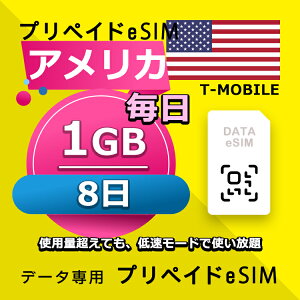 データ通信 eSIM アメリカ 1GB / 毎日 8日間 esim SIMプリー プリペイド esim 低速データ無制限 esim データ専用 T-Mobile,Verizon