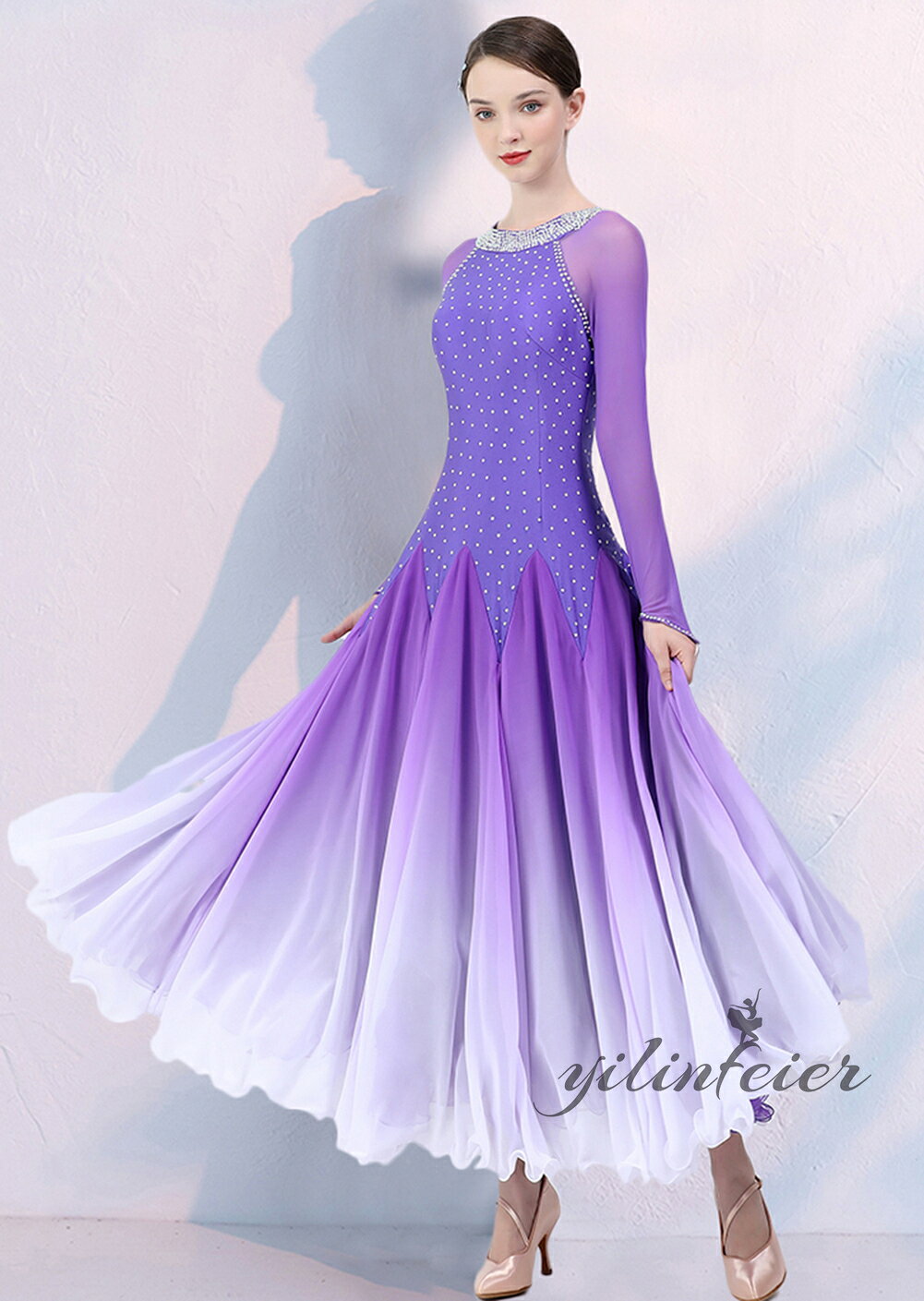 社交ダンス衣装 ドレス ダンスドレス レディース オーダーメイド可 丸首 ラインストーン飾り シースルー袖 ワルツ専用ドレス モダンダンス衣装 ワンピース レッスン着 フラメンコ衣装 練習競技着デモ用 スタンダード用演出服 踊り おしゃれ 高級感 優雅 着心地よい海外通販 3