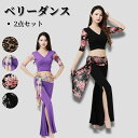 ベリーダンス 花柄 Vネック 2点セット レッスン着 アップ衣装 ダンスウェア レディース 練習着 コスチューム ロング パンツ 半袖トップス ベリーダンス仮装...