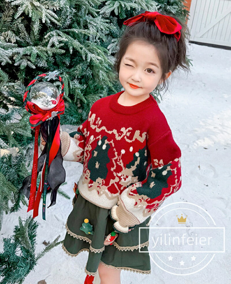 女の子 クリスマスセーター スカート 3点セット可愛い クリスマス衣装　子供 秋冬 ...