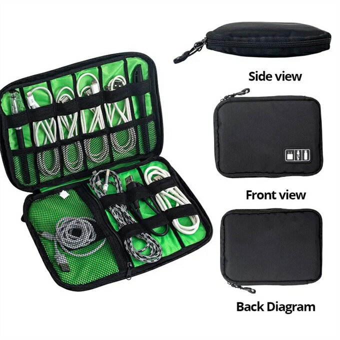 1個ブラックグリーン収納バッグ電子アクセサリーオーガナイザー携帯USBデータケーブル充電器プラグ旅行防水オーガナイザー