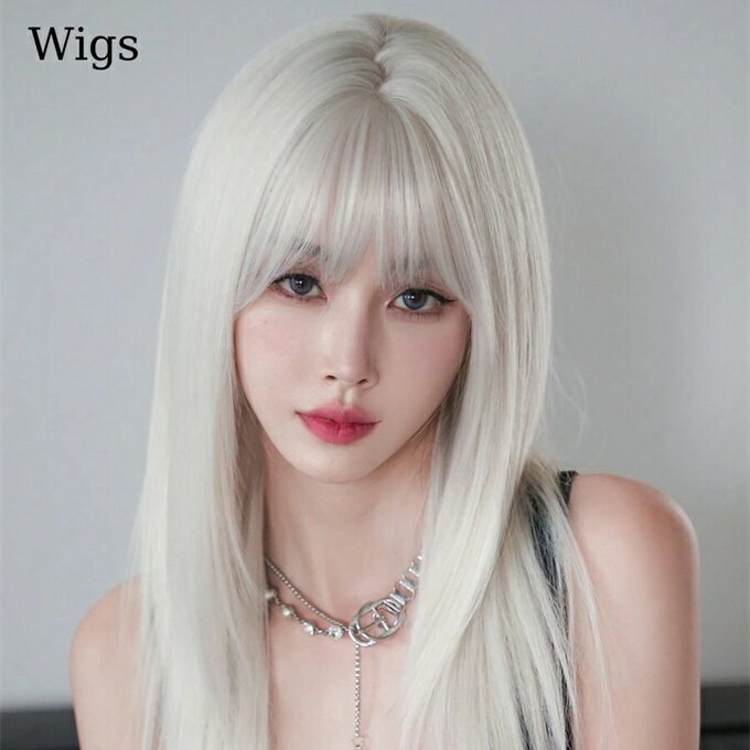 NAMM レイヤードシルバーウィッグ 女性用 ロング ストレート ヘア ウィッグ バング付き 耐熱合成繊維 シルバーホワイトウィッグ ガールズ 日常/パーティー用 24インチ/60cm