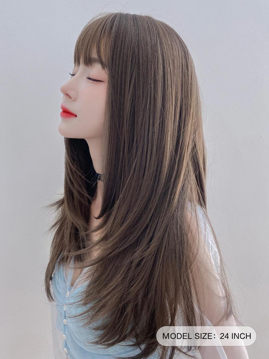 7JHHWIGS オンブルピンクブラウンウィッグ 女性用 レイヤードロングストレートウィッグ 前髪付き 合成ダークルート ナチュラルな見た目のかつら ハロウィン クリスマス コスプレ パーティー用 24インチ