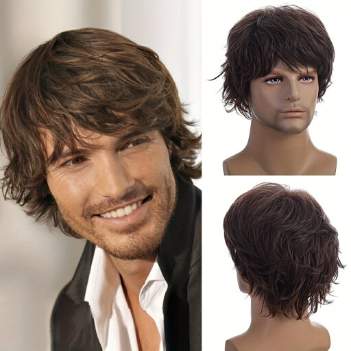 男性用ウィッグショートカーリーヘアファッションナチュラル斜め前髪ウィッグ 男性用ウィッグショートカーリーヘアファッションナチュラル斜め前髪ウィッグ