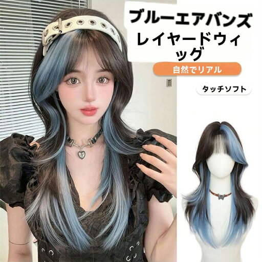合成ヘアピース ウェーブレイヤーウィッグ 前髪付き 24インチ 青色 初心者 デイリー パーティ用 ユース向け 合成ヘアピース ウェーブレイヤーウィッグ 前髪付き 24インチ 青色 初心者 デイリー パーティ用 ユース向け