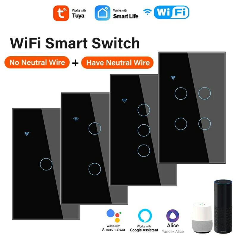 WiFi US スマート ライト スイッチ 中性線/中性線不要 120 タイプ 壁タッチ スイッチ Alexa、Google Home と連携