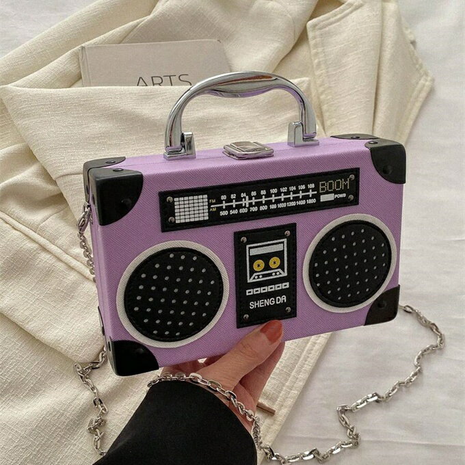 1個 ラジオ型ハンドバッグ、ファッショナブルな音楽エレメントボックスデザイン レディースバッグ、ス..