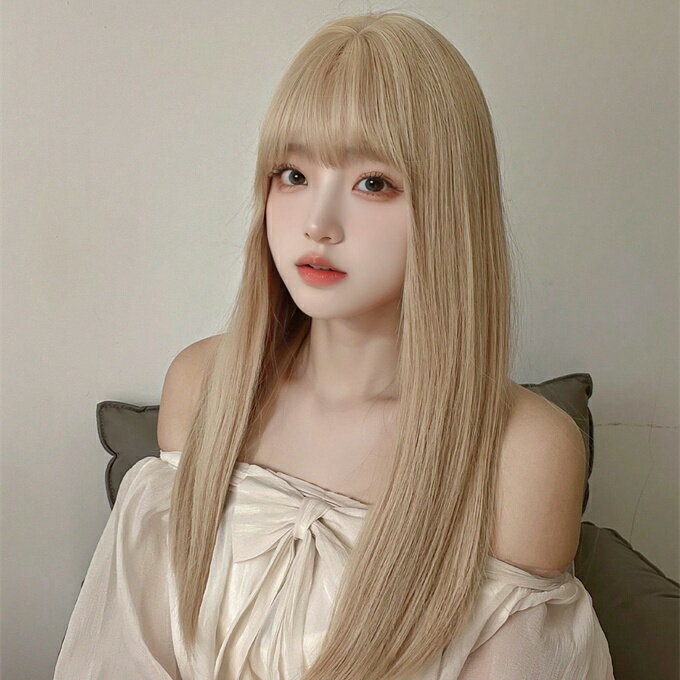 合成耐熱ストレートヘアバングスウィッグ ブロンド 22インチ フルウーブン 日常使い 自然 リアルなウィッグ