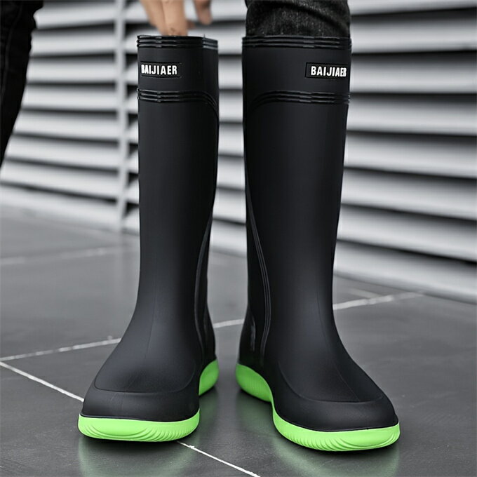 メンズトレンディーニーハイレインブーツ、快適なノンスリップソリッド防水耐久性のある靴、メンズアウトドアアクティビティ用