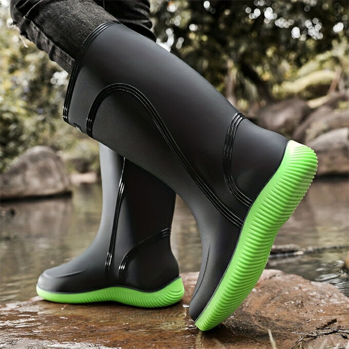 メンズトレンディーニーハイレインブーツ、快適なノンスリップソリッド防水耐久性のある靴、メンズアウトドアアクティビティ用