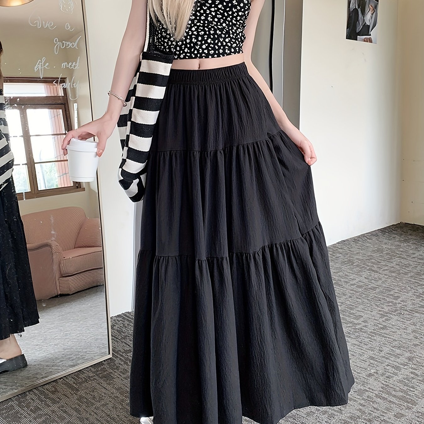 Spring and Autumn Women's High-Waisted Slim Versatile White Midi Skirt, Elastic Waist, Mid-Length Black Lined Skirt, Beach Party Long Skirt