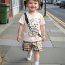 2点セット 男の子用 夏カジュアル アウトフィット テディベアプリントTシャツ チェックショーツ アウトドアウェア 裏起毛