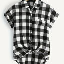 チェック柄シングルブレストブラウス、カジュアルカラーノットフロント半袖ブラウス、春夏用、レディース服