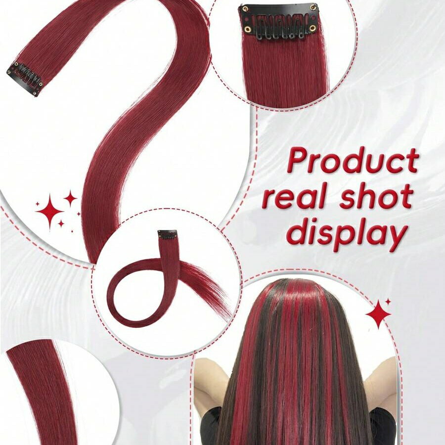 5個セット 赤い クリップインヘアーエクステンション 20インチ 長い 直毛 合成ヘアピース クリップイン、ハロウィーン コスプレ ドレスアップ ファッションパーティー クリスマス 新年 女性 子供 女の子 ギフト クリスマス 新年 カーニバル ミュージックフェス用(レッド)