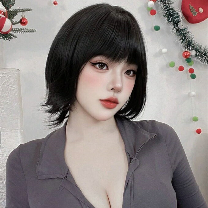合成耐熱ストレートヘアブラックかつら前髪付き、長さ14インチ、ファイバー製、スタイリッシュウィッグ、自然で逼真なウィッグ(アクセサリー別売り)