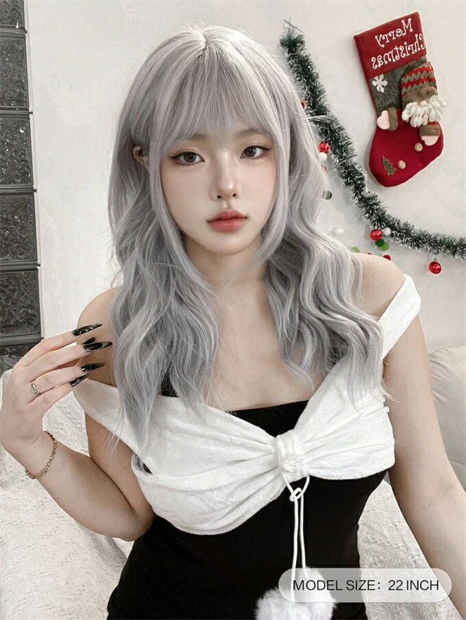 合成耐熱カールウィッグ バング付き、シルバー 22インチ編み込みデイリー自然リアルウィッグ（アクセサリーは含まれません）