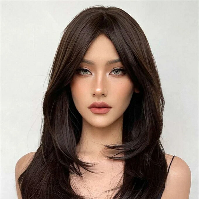 乐天商城 - 22インチ ブラック ロング ストレート シンセティックウィッグ 前髪付き ナチュラル レイヤー ウィッグ 女性用 デイリー パーティー ウィッグ