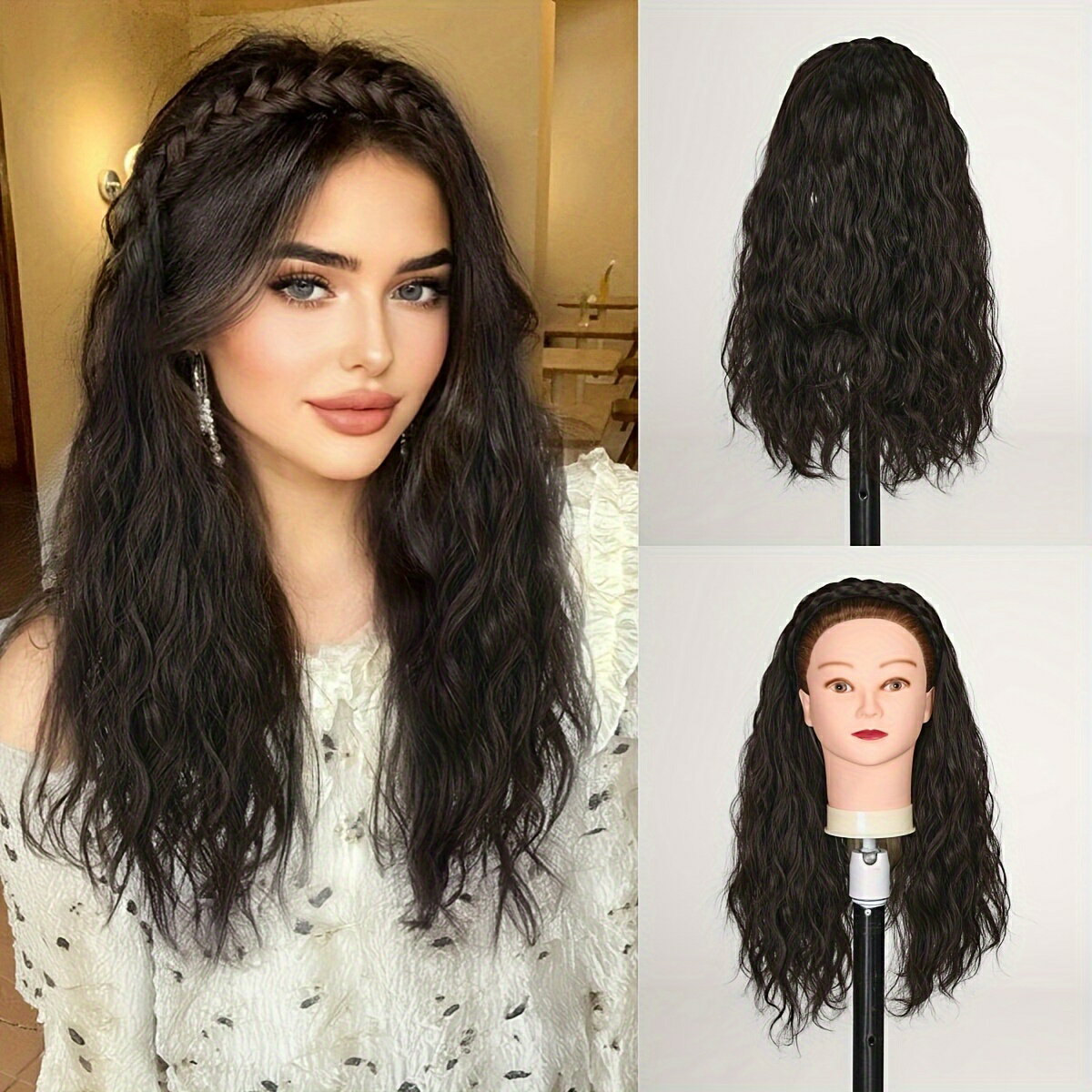 編み込みヘッドバンドウィッグ ロングウェーブウィッグ 女性用 合成ウィッグ 初心者向け 耐熱 半ウィッグ ハロウィン クリスマス