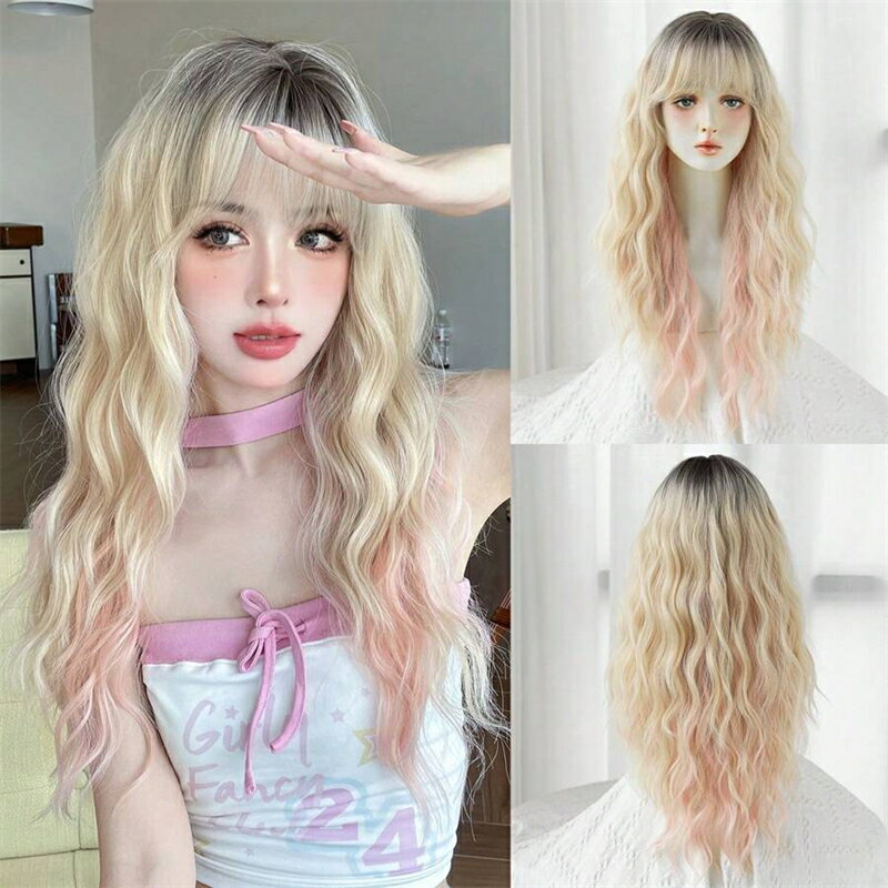 24インチ オンブレ ピンク ゴールド ロング ウェーブ ウィッグ 女性用 ファッション、ゴージャス ルー..