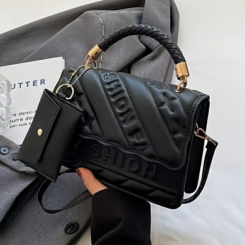 乐天商城 - トレンディなキルティングハンドバッグ - 調節可能ストラップ、マグネットフラップクロージャー、カードホルダー付き - メタリックゴールド調ハードウェアと編み込みハンドルのスタイリッシュブラックショルダーバッグ