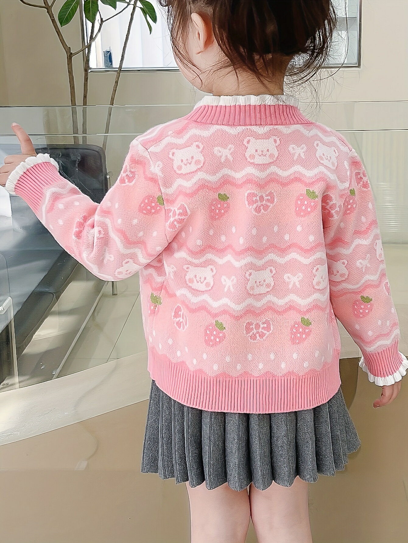 愛らしいクマプリント女の子用カーディガン - 秋/冬用の快適なフリース裏地ニット...