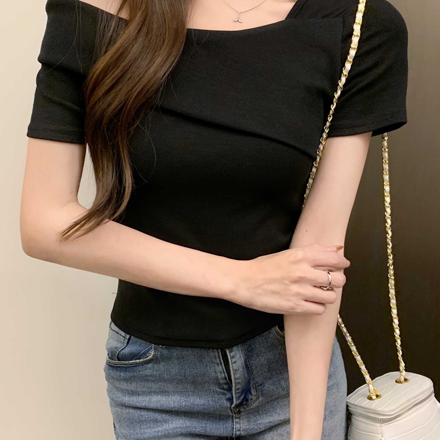 乐天商城 - ギャザー入りアシンメトリーネックTシャツ、エレガントな半袖Tシャツ、春夏用、レディース