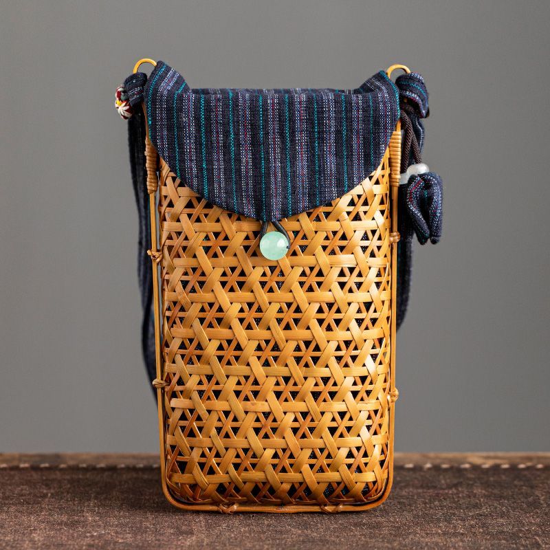 手作り竹編みスマホポーチ｜籠 かご バッグ 職人手作 自然素材 ショルダーバッグ スマホバッグ ミニポ..