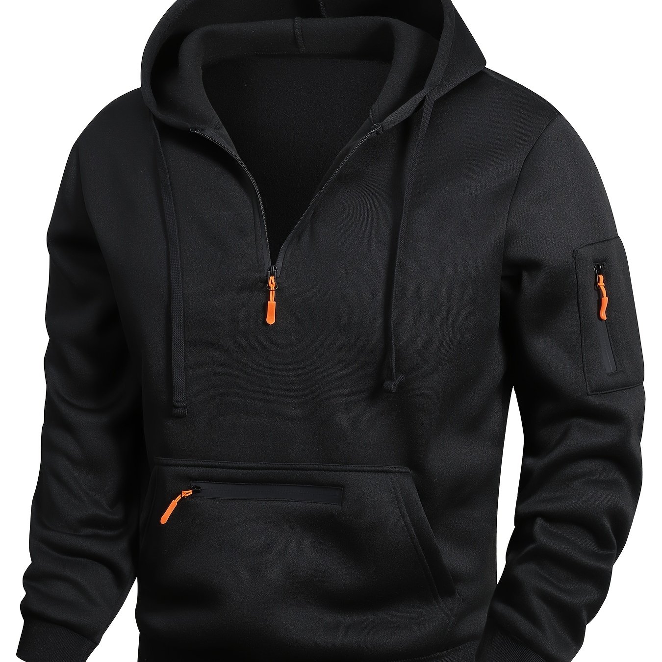 メンズ秋冬フード付きスウェットシャツ - オレンジアクセントのカジュアルプルオーバー、レギュラーフ..