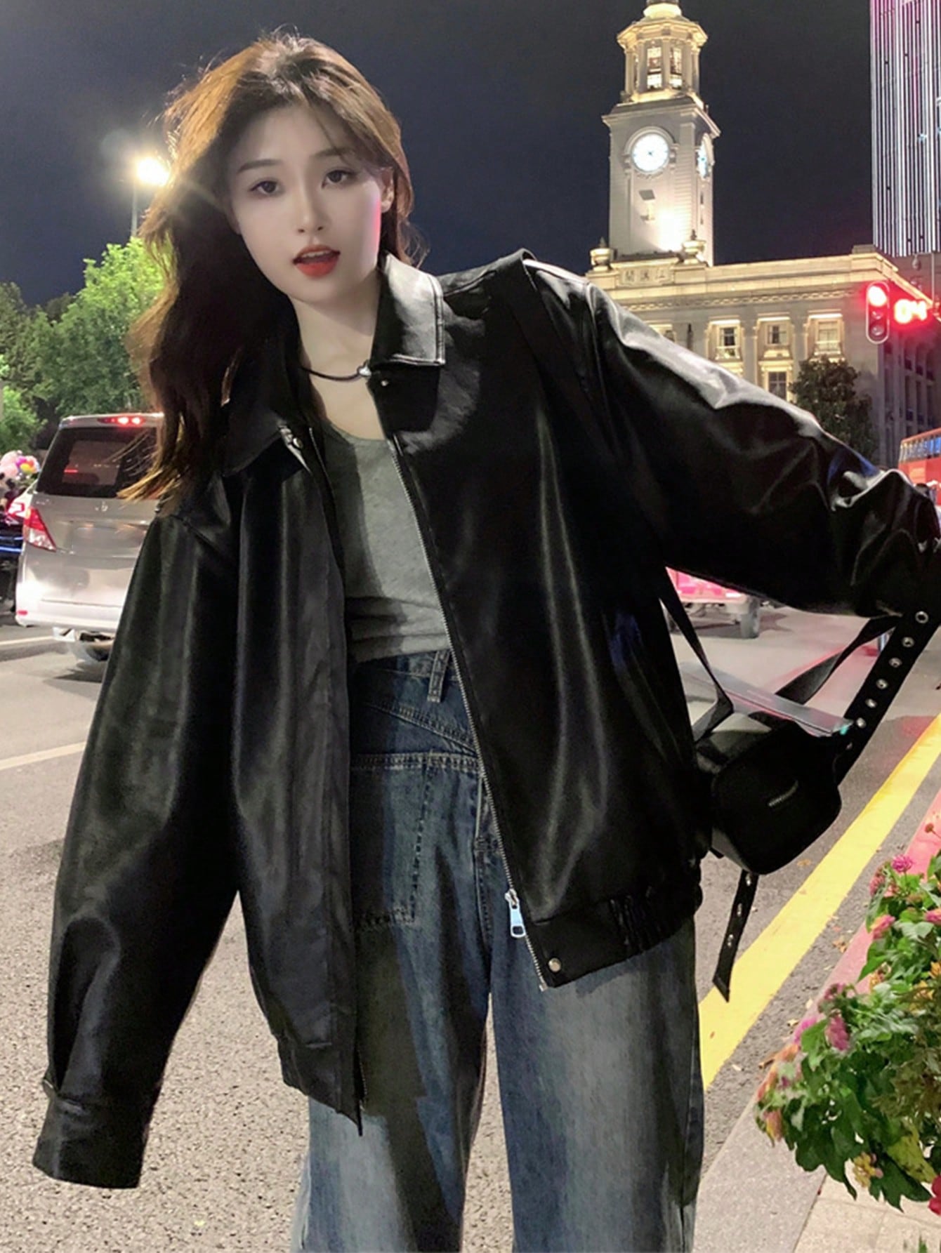 2025年新作 黒フェイクレザージャケット、韓国スタイル ルーズ襟 長袖 ライダースジャケット、秋