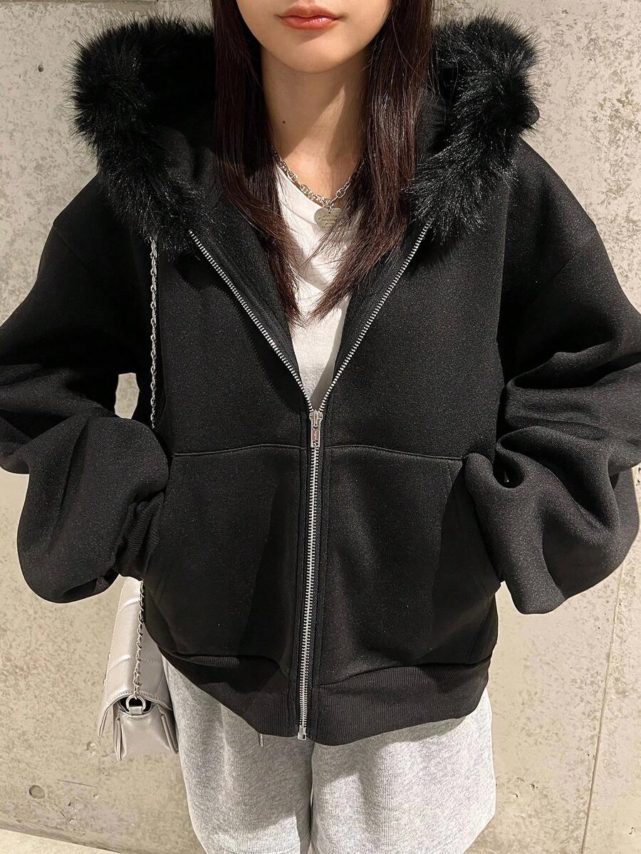 女性用カジュアル サーマルライン パッチワーク フーディースウェットシャツ、秋冬ジップアップジャケ..