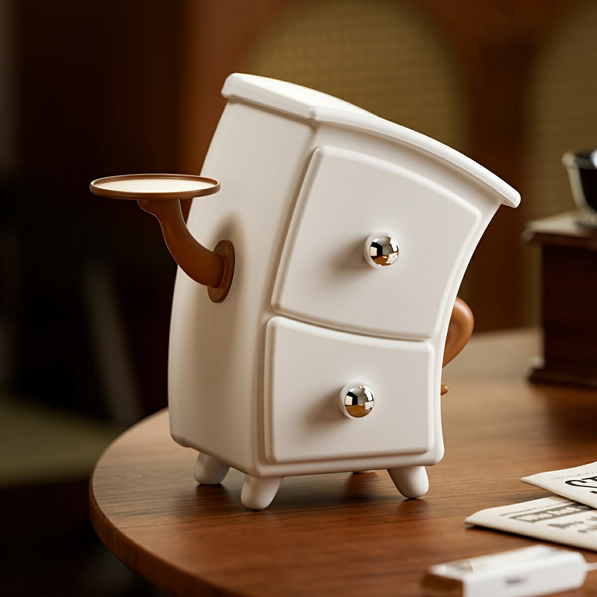 かわいいホワイト＆ブラウン 収納ボックス 丸いドア＆ヒンジ付き蓋 - ゴールデンノブ付きコンパクトオーガナイザー、耐久性プラスチック製デスクトップオーガナイザー ホームオフィス、ドレッサー、学校用 - 多目的デコラティブ収納ボックス、省スペースデザイン