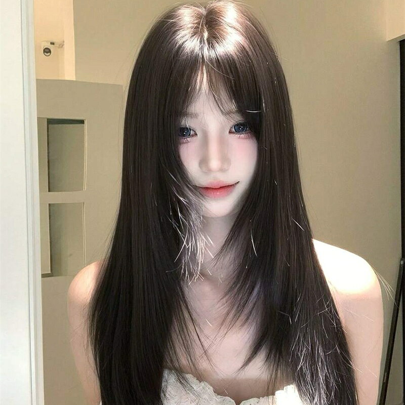 26 インチ 耐熱合成ストレートウィッグ、ブラックブラウン、センターパート、繊維製、日常使用に適しています、自然で現実的 2