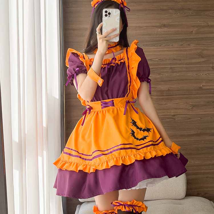 ハロウィン コスプレ　半袖 定番 衣装 女性 セクシー メイド服 コスプレ ハロウィン Halloween オレンジ　 ワンピース