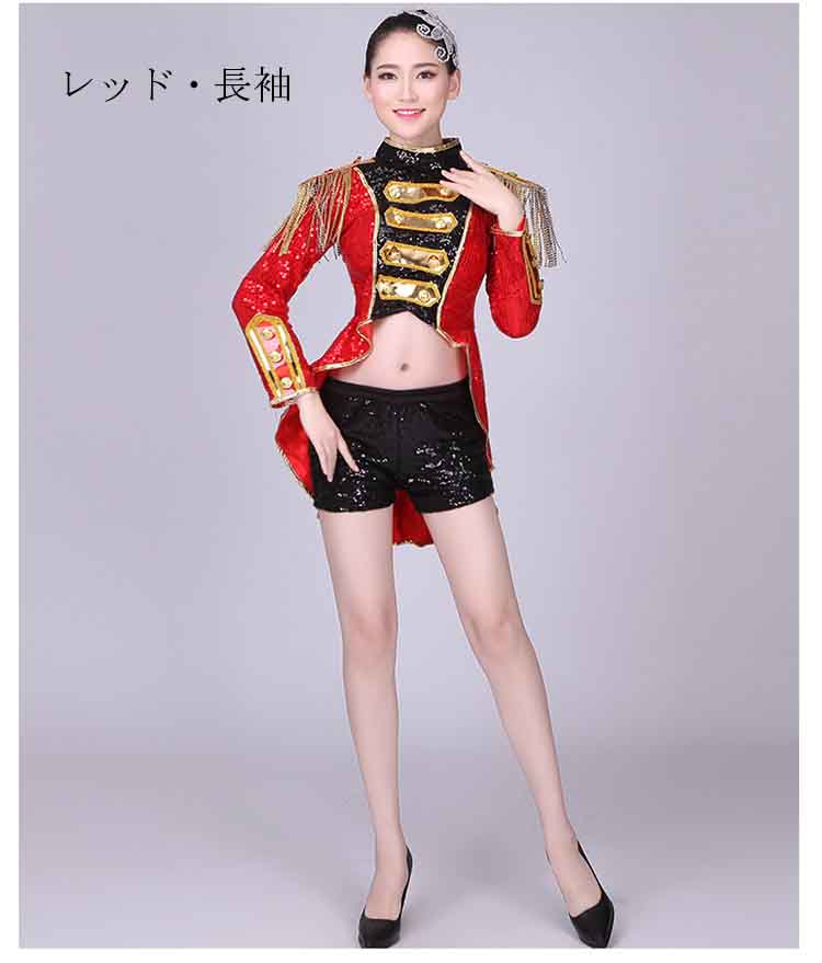 6サイズ　ジャズ ダンス 衣装 スパンコール 燕尾服 レディース 舞台 ステージ衣装 魔術師 マジシャン衣装 オープニング衣装 長袖 袖なしきらきら ジャケット+ ショットパンツ上下セット夜店カラオケ 公演 クラブ 余興 演出 衣装 ハロウィン コスプレ ダンス衣装 金 赤 2
