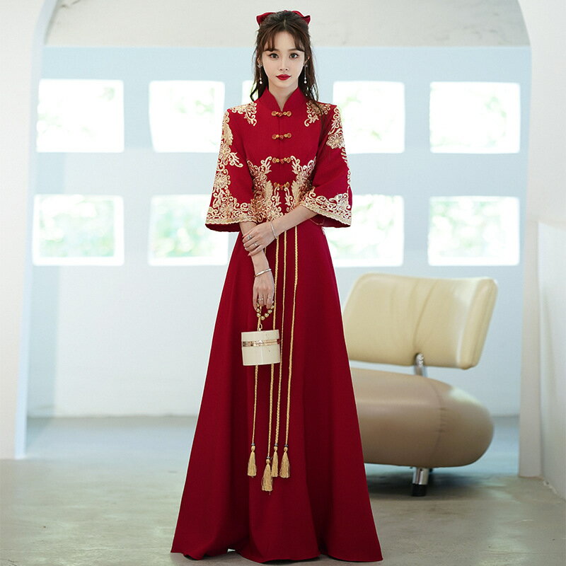 チャイナドレス ロング丈 マキシ丈 チャイナ ドレス 中国風結婚式 花嫁ドレス 七分袖 改良中華ドレス ワインレッド 金色な刺繍 中国風ウェディングドレス 中華服 チャイナ服 中華 舞台ステージ 衣装 レッド