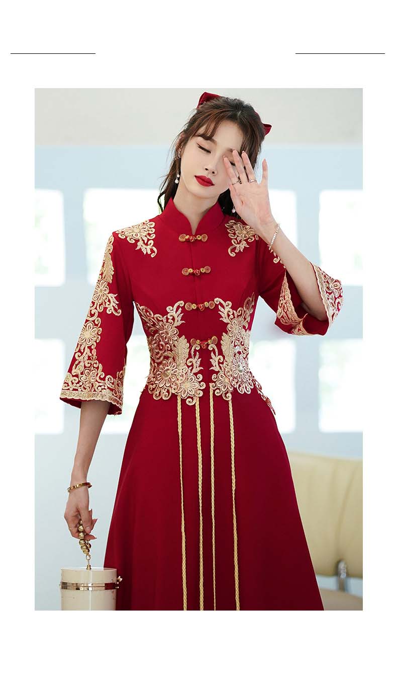 チャイナドレス ロング丈 マキシ丈 チャイナ ドレス 中国風結婚式 花嫁ドレス 七分袖 改良中華ドレス ワインレッド 金色な刺繍 中国風ウェディングドレス 中華服 チャイナ服 中華 舞台ステージ 衣装 レッド