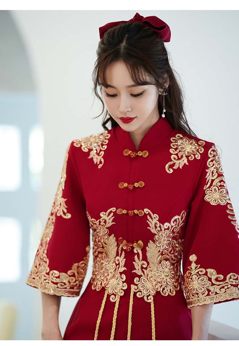 チャイナドレス ロング丈 マキシ丈 チャイナ ドレス 中国風結婚式 花嫁ドレス 七分袖 改良中華ドレス ワインレッド 金色な刺繍 中国風ウェディングドレス 中華服 チャイナ服 中華 舞台ステージ 衣装 レッド