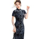 ロング丈チャイナドレス 半袖 ロングチャイナ服 中華服 中華ドレス 穏やかなチャイナワンピース シックな花柄 中国風パーティードレス 演奏服 華流コスプレ 30代 40代 50代 高級 贅沢 古典 撮影 衣裳 ニ胡 箏 演奏服