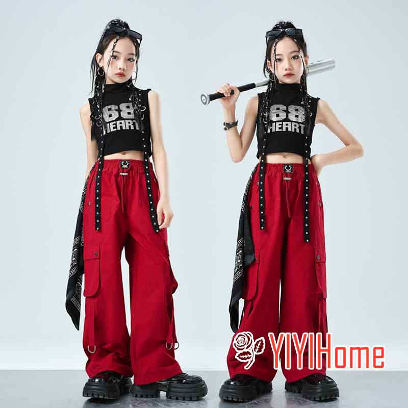 乐天商城 - キッズ 子供用 ダンス 衣装 3点セットアップ 黒 赤 衣装 ヒップホップ ジャズ ダンス衣装 トップス ショート丈 女の子 おしゃれ ダンス衣装 HIPHOP パンツ レディース ジュニア へそ出し 110cm-180cm ハンカチ付き