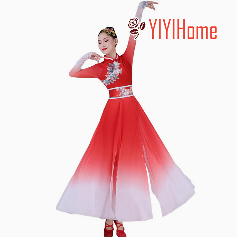 チャイナ風ダンス衣装 レディース 中華民族ダンス衣装 チャイナ服 ワンピース 二重シフォンパンツ グラデーション 古典舞踊 エスニック ダンスウエア ラインストーン 斜め裾 花刺繍 チャイナカラー スリット パンツ 飄逸 中国踊り 衣装セット